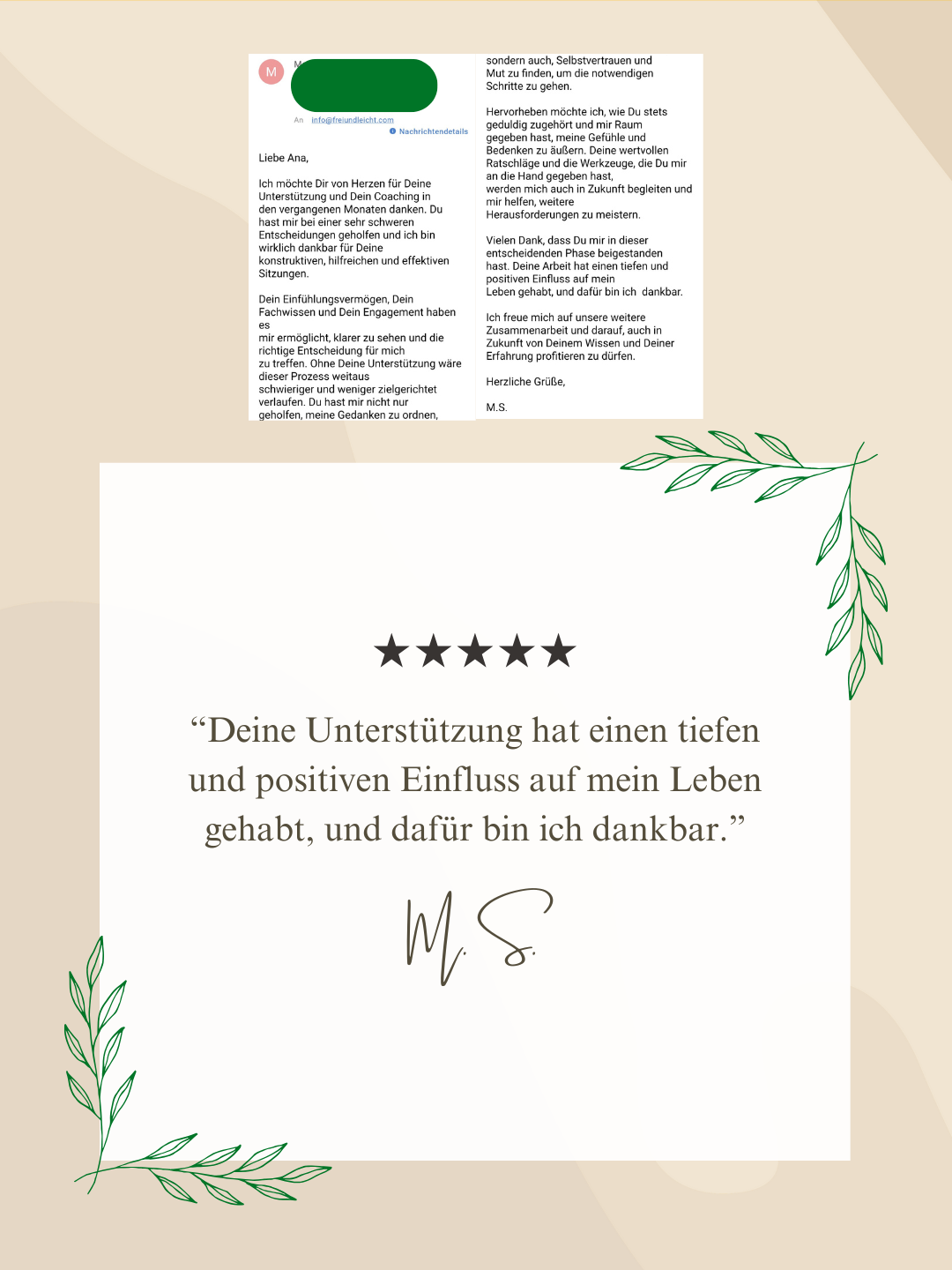 Klient dankt für konstruktive psychologische Beratung, Klarheit in einer schweren Entscheidung, Mut und hilfreiche Werkzeuge zur Bewältigung einer herausfordernden Lebensphase.