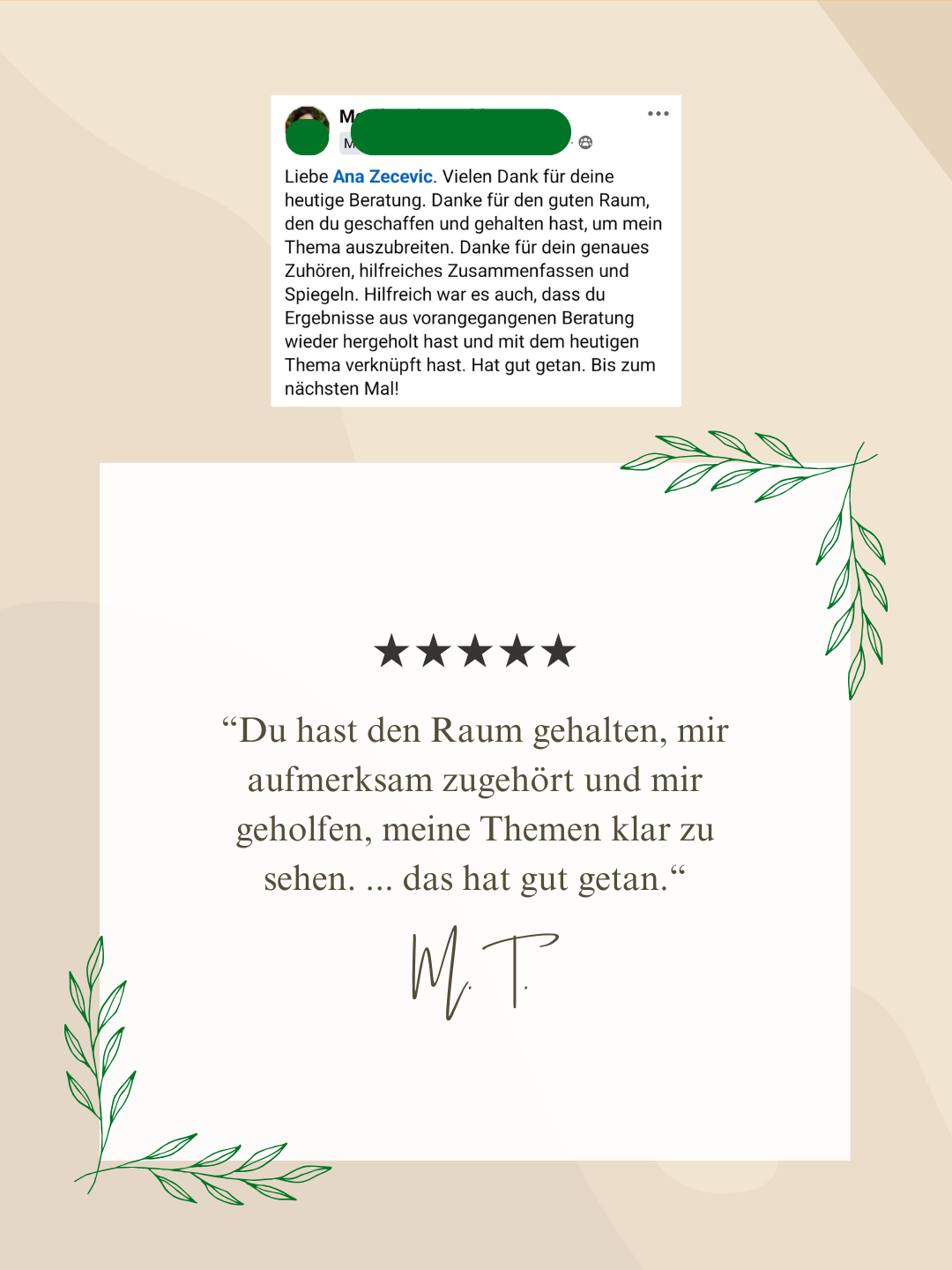 Klientin beschreibt die Beratung als ruhig, strukturiert und einfühlsam – mit gutem Zuhören, Zusammenfassen und dem Verbinden früherer Ergebnisse mit neuen Themen.