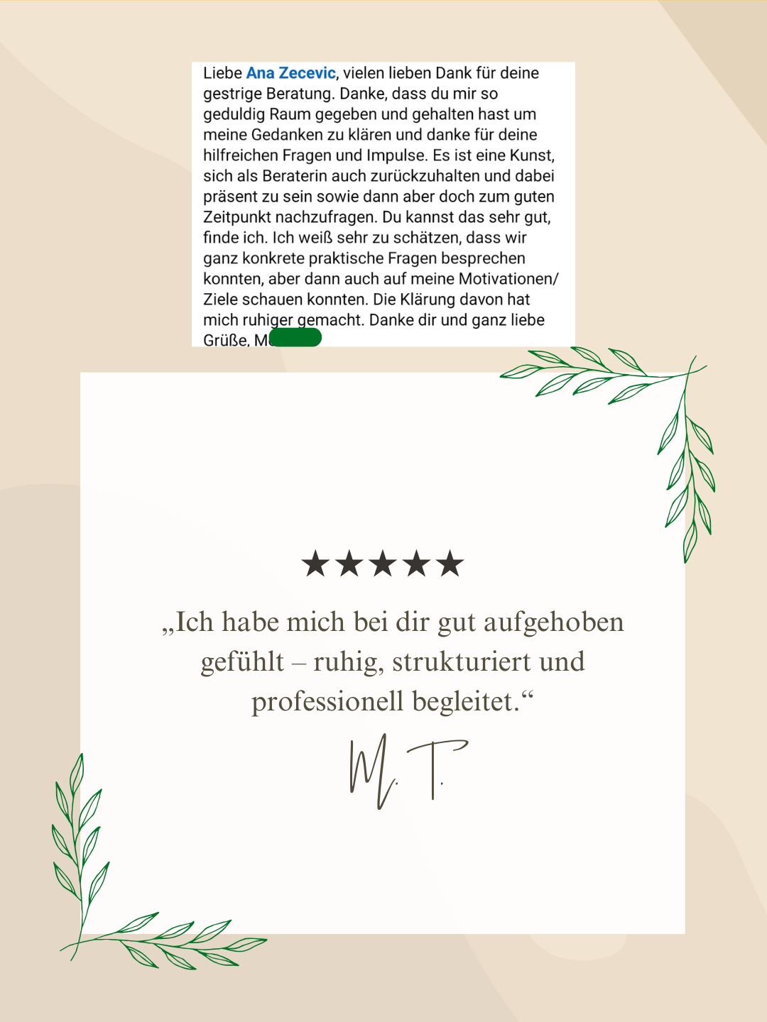 Dankbares Feedback für Anas geduldige Begleitung, hilfreiche Fragen und Impulse, die zu mehr Klarheit führten.