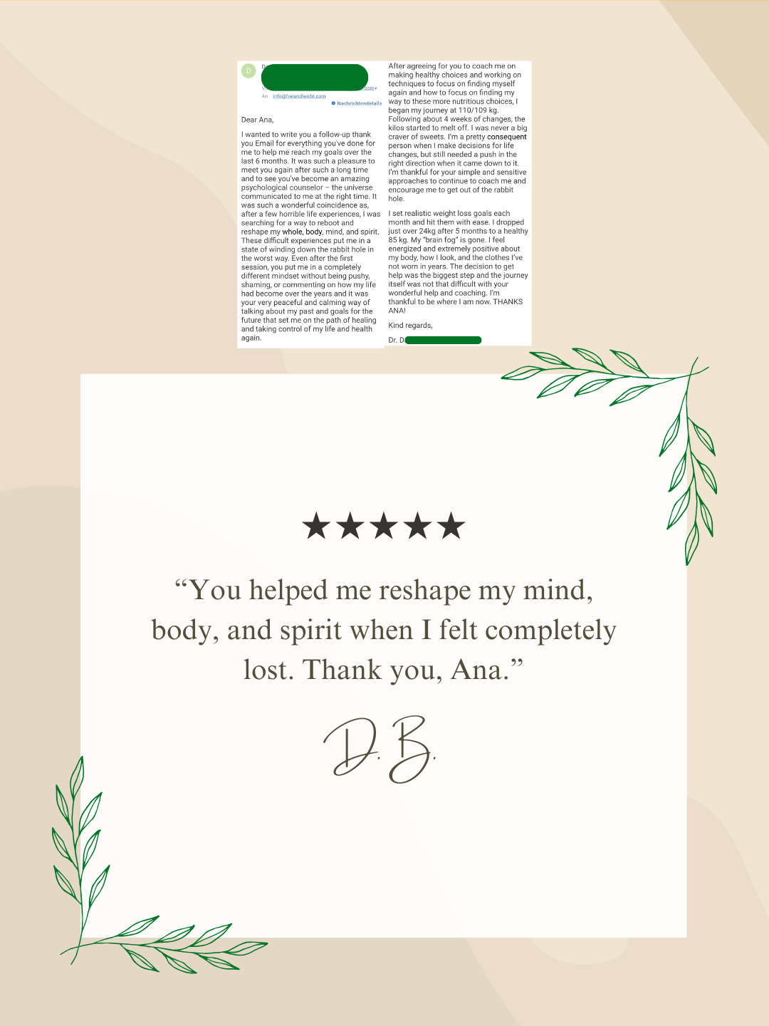 Klient berichtet über 24 kg Gewichtsverlust in 5 Monaten, mentale Neuorientierung nach schwierigen Erfahrungen und einfühlsame psychologische Coaching-Begleitung.