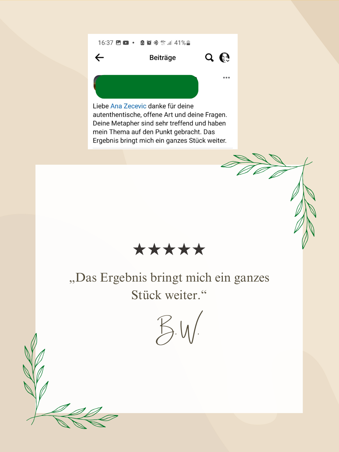 Feedback für Anas offene, authentische Beratung und treffende Metaphern, die das Thema der Klientin auf den Punkt brachten.