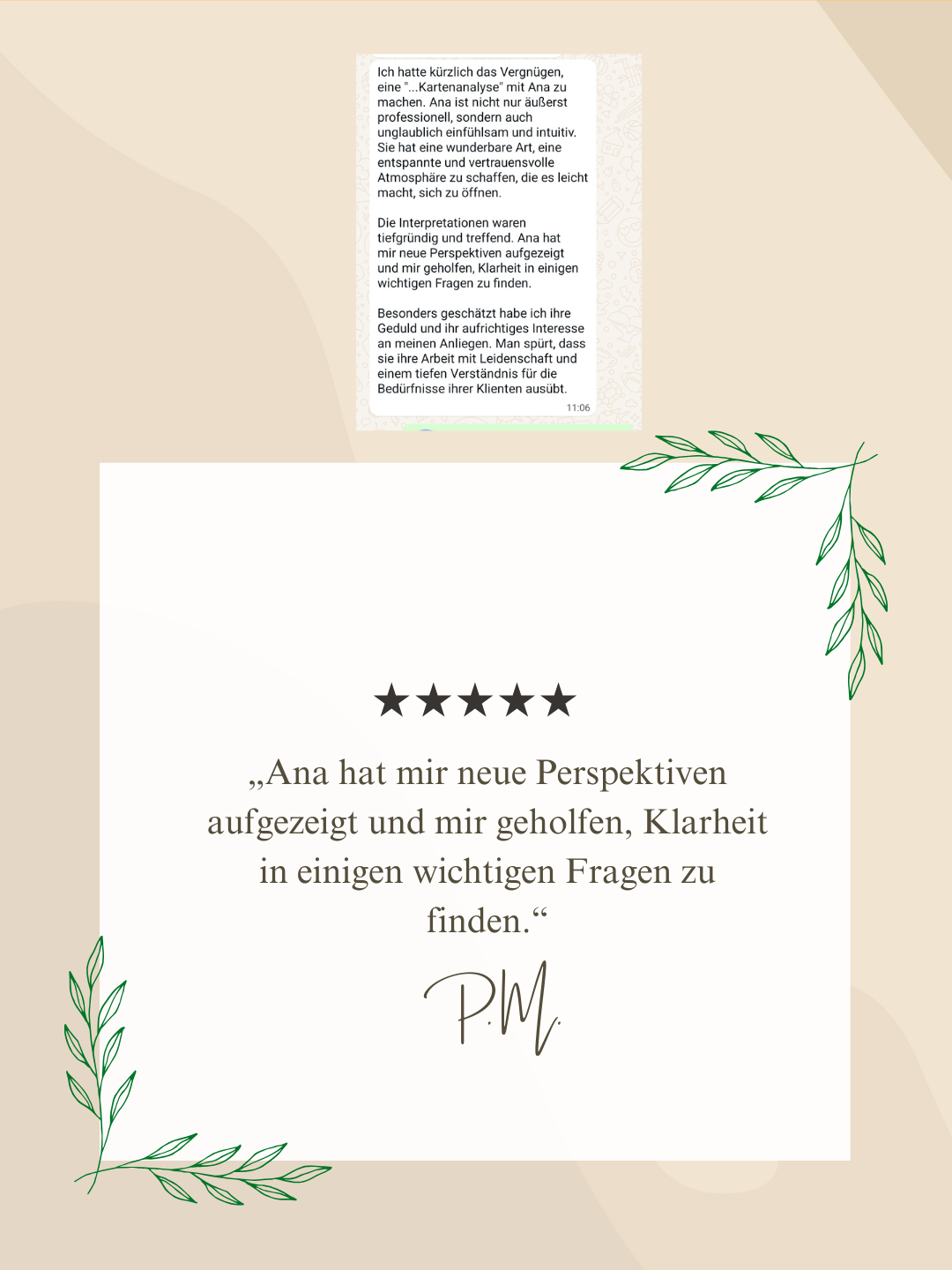 Klientin lobt Anas Beratung, die neue Perspektiven eröffnete, Klarheit brachte und eine vertrauensvolle Atmosphäre schuf.