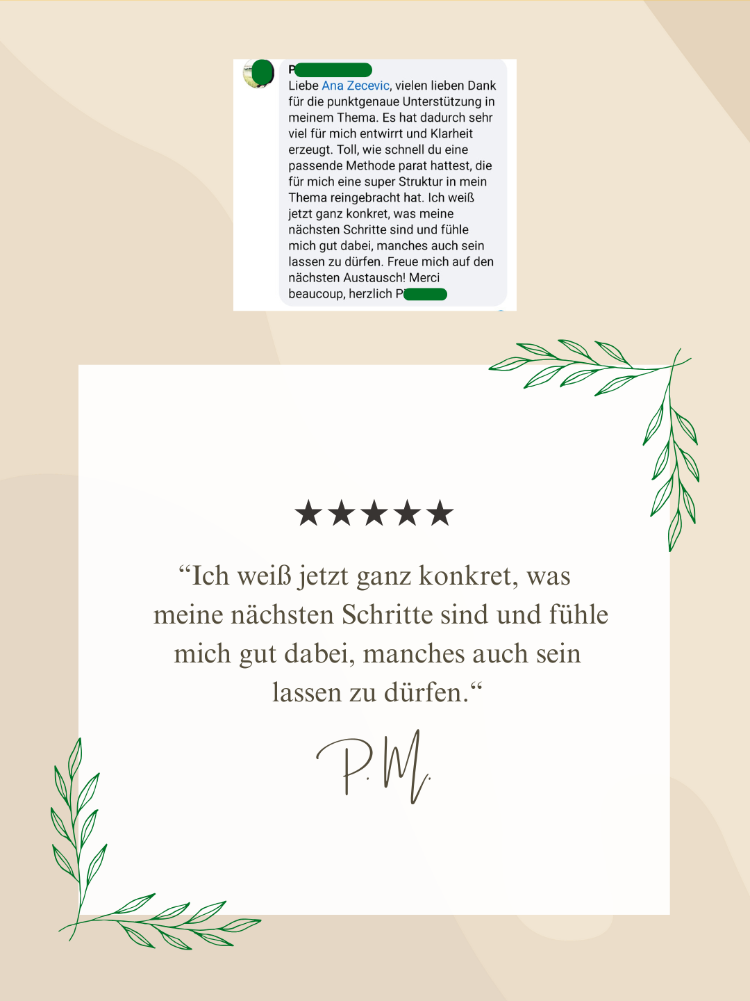 Klientin lobt die punktgenaue psychologische Unterstützung, klare Struktur im Thema und hilfreiche Methoden für konkrete nächste Schritte.