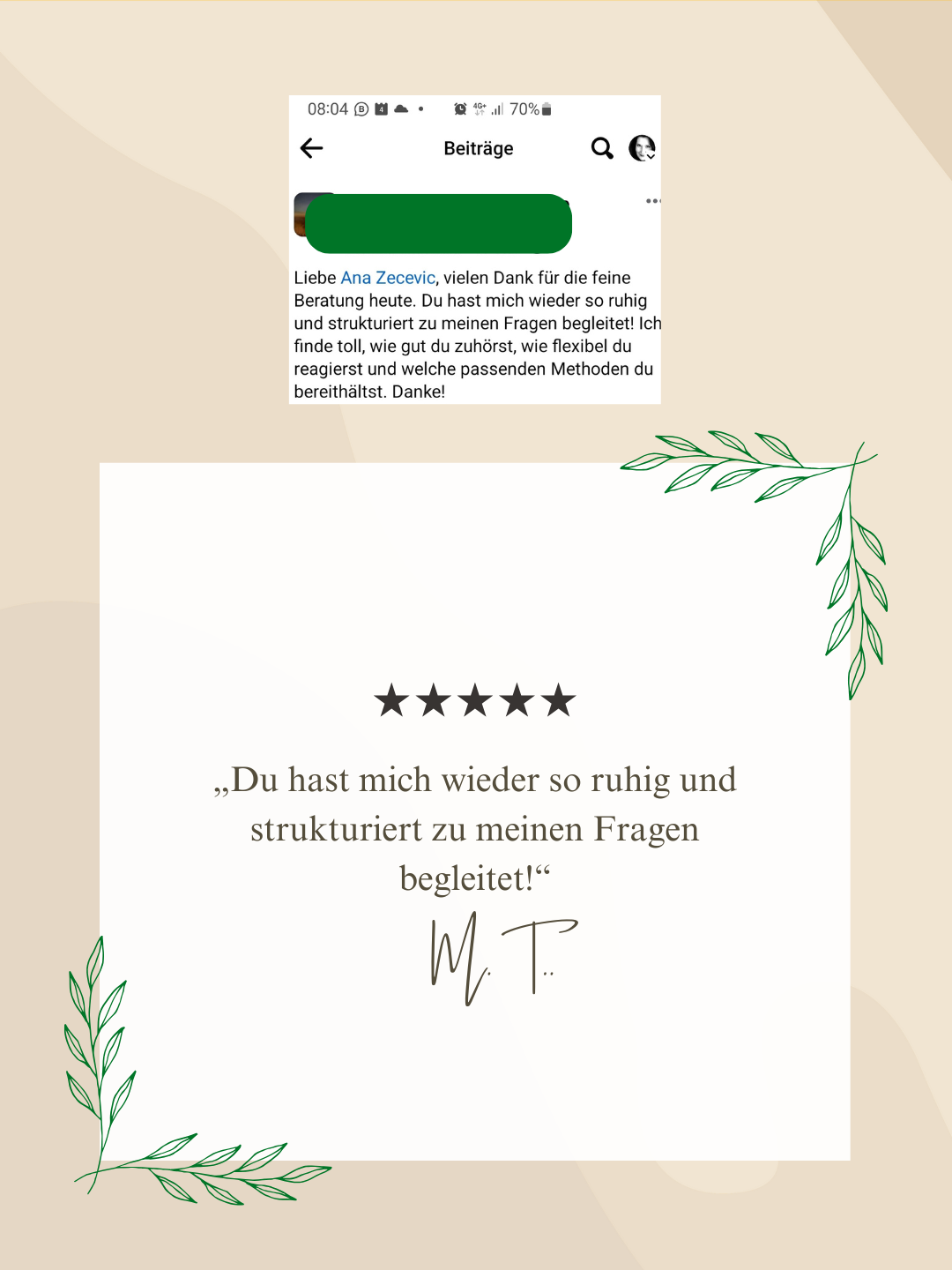 Klientin lobt Anas ruhige und strukturierte Begleitung zu ihren Fragen sowie die Flexibilität und passende Methoden.