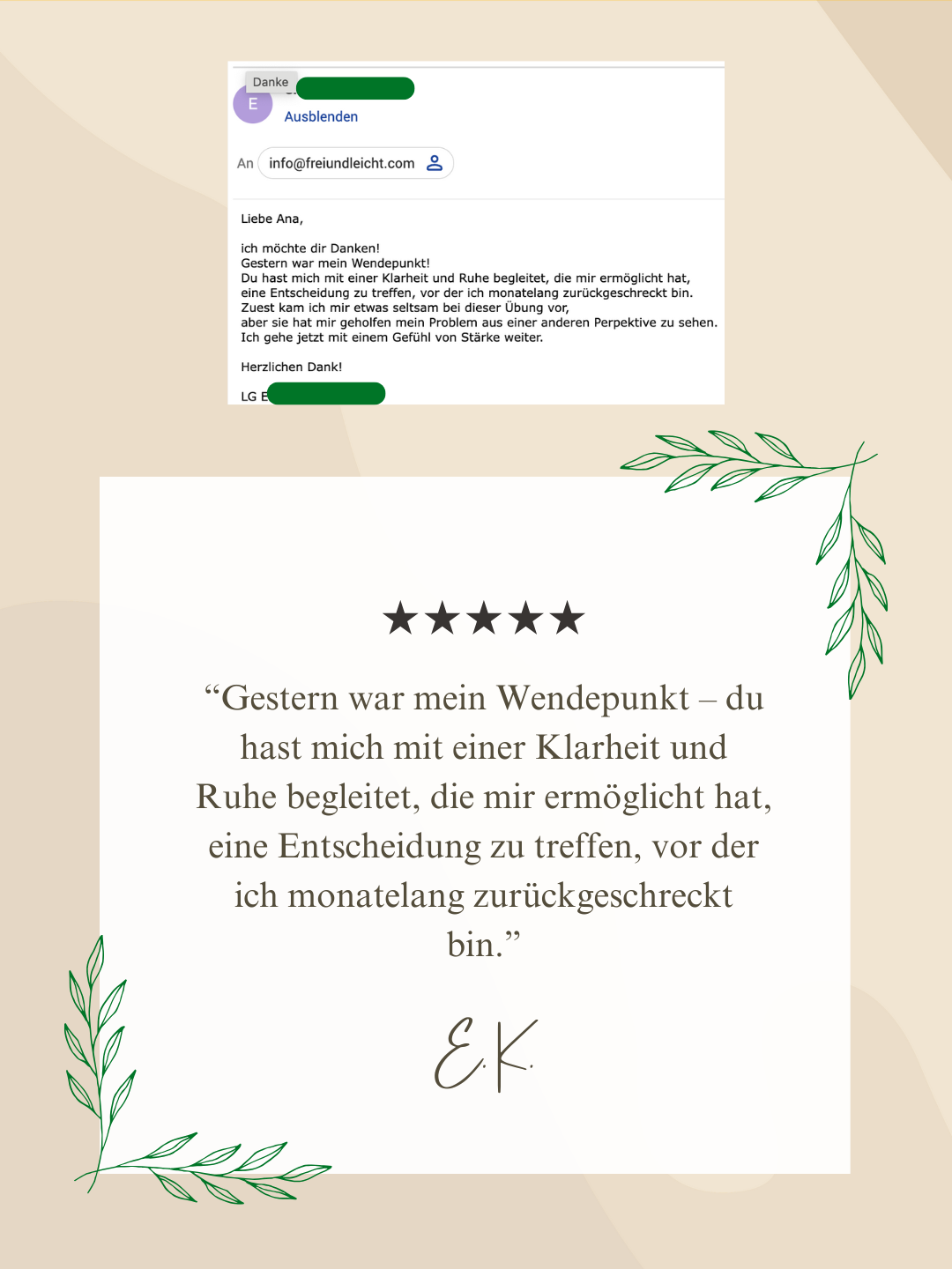 Klientin beschreibt, wie Anas Coaching ihr half, einen wichtigen Wendepunkt zu erreichen und selbstbewusst Entscheidungen zu treffen.