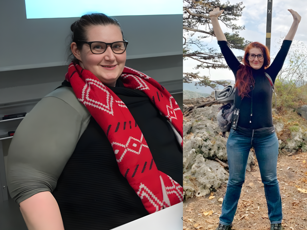 Vorher-Nachher-Foto einer Frau, die über 100 Kilo abgenommen hat und heute selbstbewusst und frei wirkt, Symbol für tiefgreifende Veränderung, neue Identität und psychologische Beratung bei persönlichen Lebensveränderungen